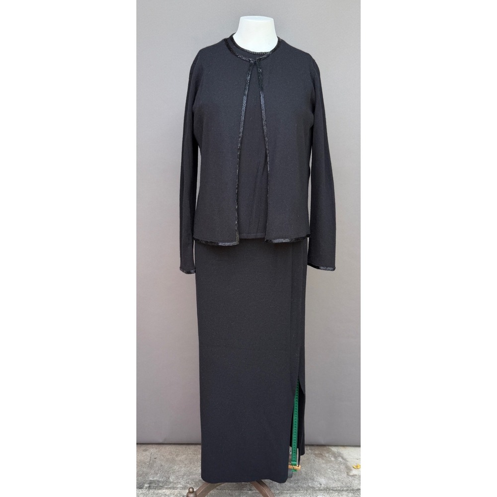 Ralph Lauren Black Knit 3pc Maxi Skirt Suit Set L Beaded Merino Wool Cardigan